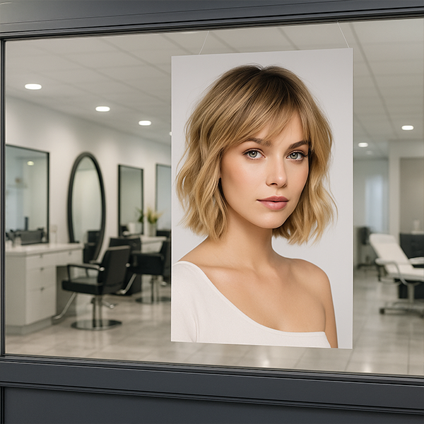 chaufensterbanner in einem modernen Friseursalon mit Motiv einer Trendfrisur, ideal zur Bewerbung von Beauty-Services.