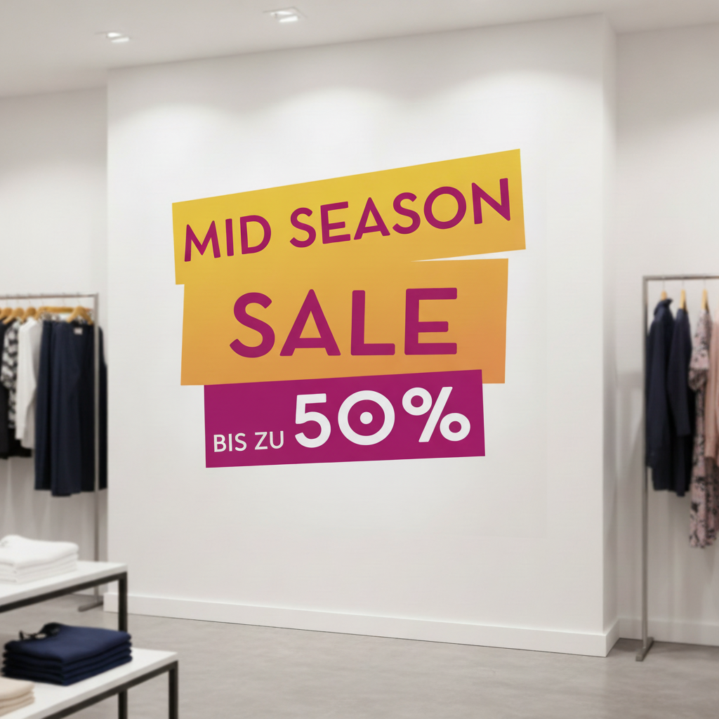 Selbstklebende Wandfolie mit Mid-Season-Sale-Grafik in einem Modegeschäft, großformatig auf glatter Innenwand angebracht.