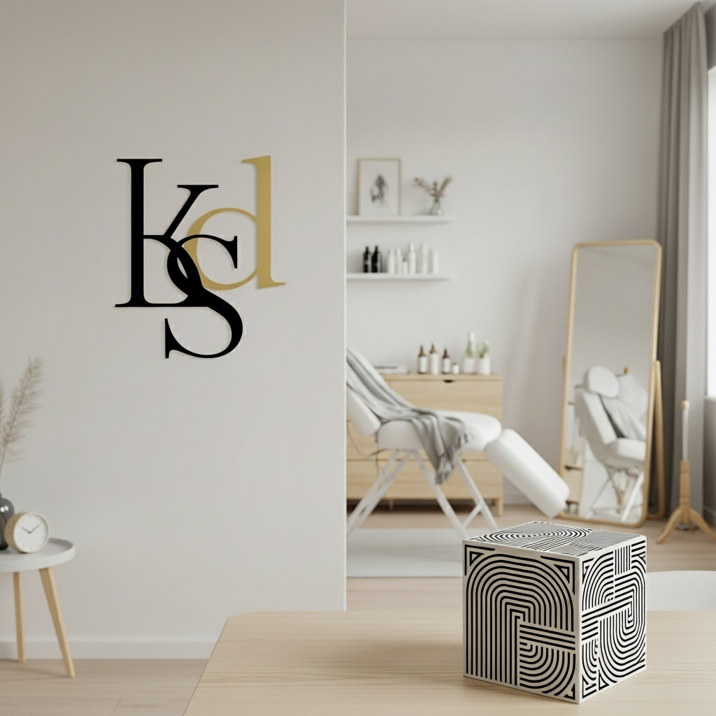 Konturgeschnittenes Logo aus selbstklebender Wandfolie an der Wand eines modernen Kosmetikstudios.